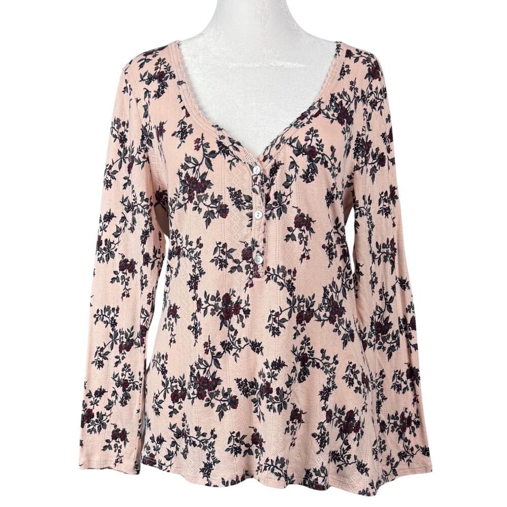 Lucky Brand Shirt Womens Top Rose Floral Henley V-Neck Babydoll Medium‎ Y2K